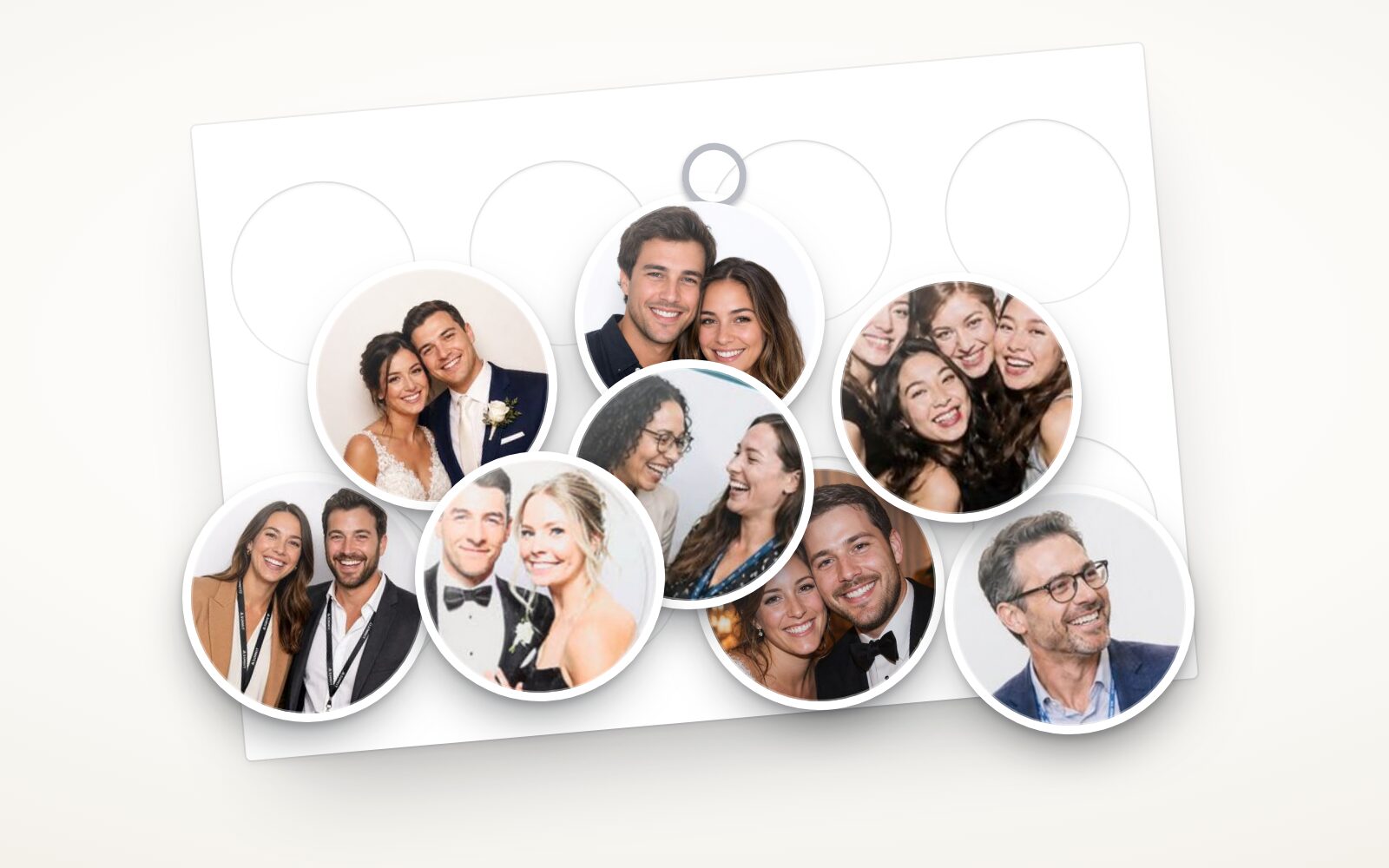 A printed sheet of framed event photos next to the finished round photo keychains punched from it