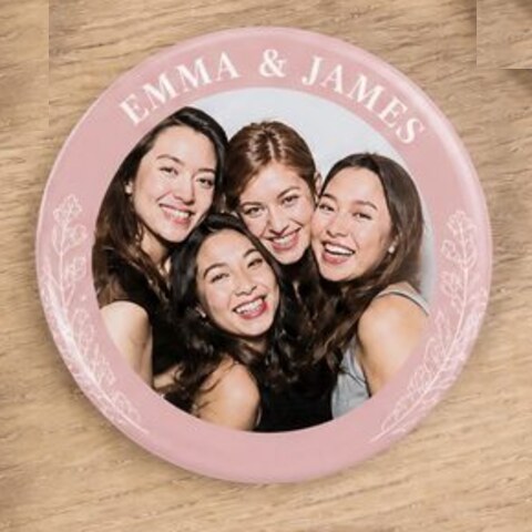 Photo buttons with sage and blush Emma & James borders next to plain buttons