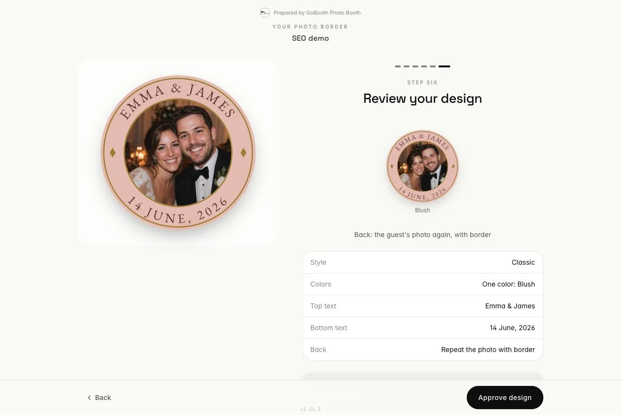 Client design link step six, Review your design, showing a summary table and an Approve design button