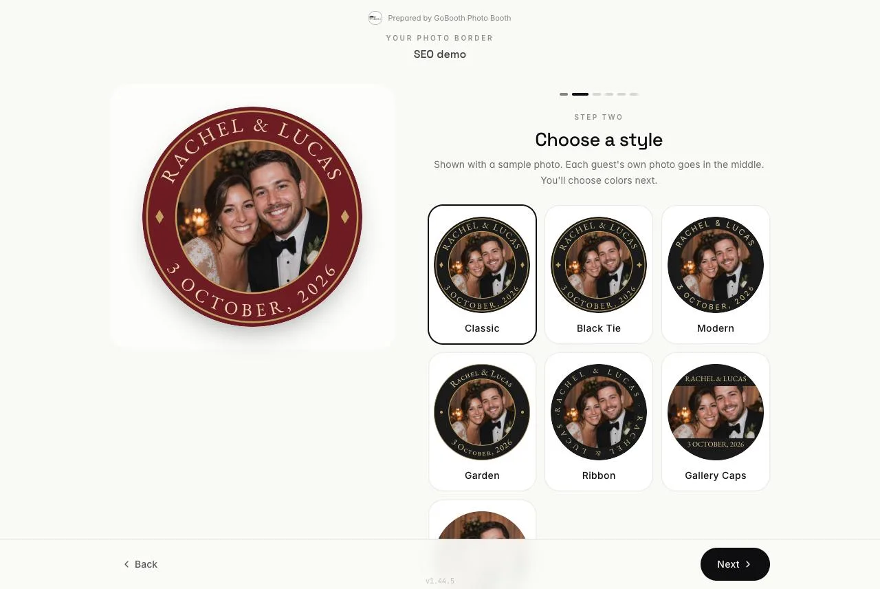 Client design link step two, Choose a style, showing a grid of border styles with Classic selected