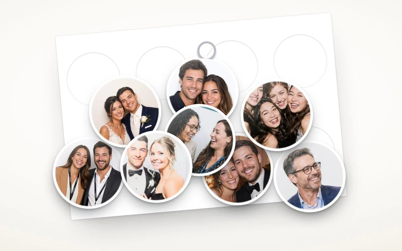 Printed circle photo prints of wedding guests punched out and laid on a sheet