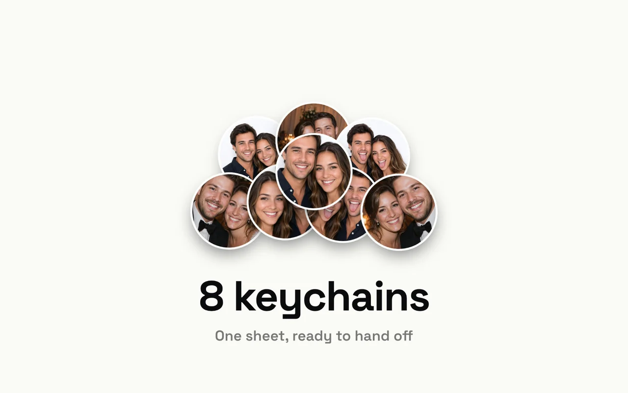 Eight finished circular photo keychains stacked together, with the text 8 keychains, one sheet, ready to hand off