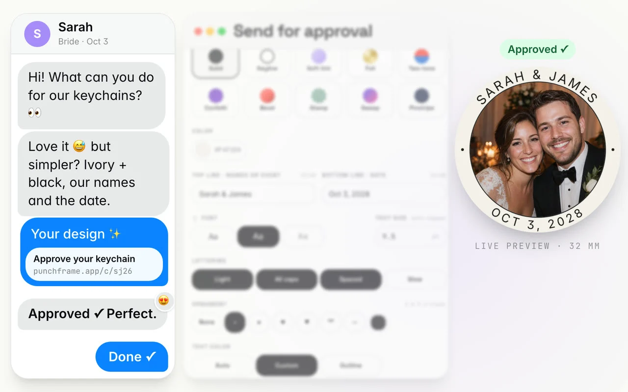A client asks for ivory and black with names and date, gets a design link, and approves a keychain border reading Sarah & James and Oct 3, 2028