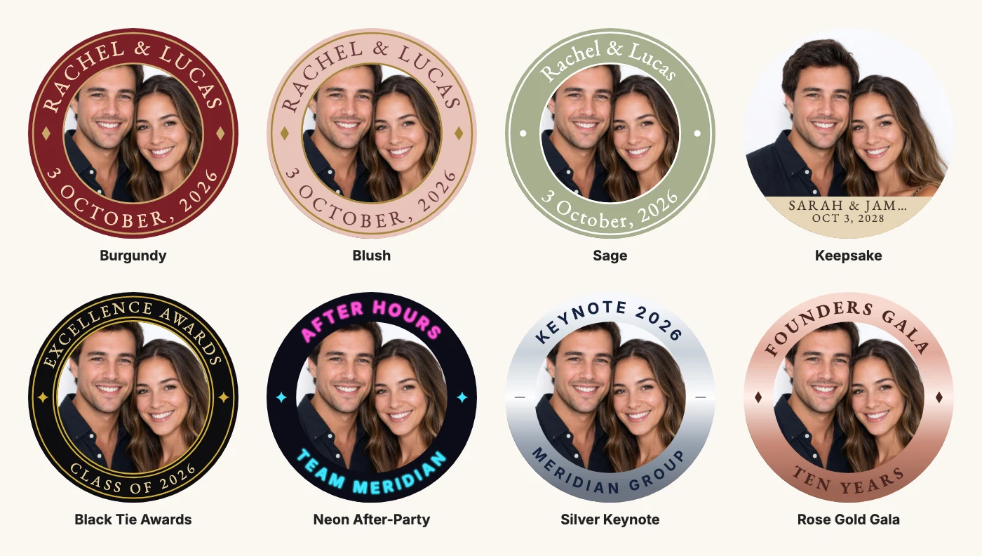 Eight printed border designs on the same couple photo: Burgundy, Blush, Sage, Keepsake, Black Tie Awards, Neon After-Party, Silver Keynote and Rose Gold Gala