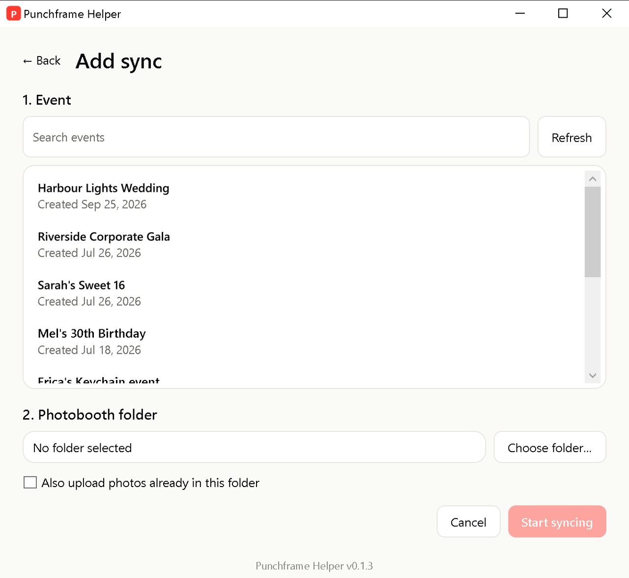 Add sync screen with a searchable event list, a Photobooth folder picker, an Also upload photos already in this folder checkbox and a Start syncing button